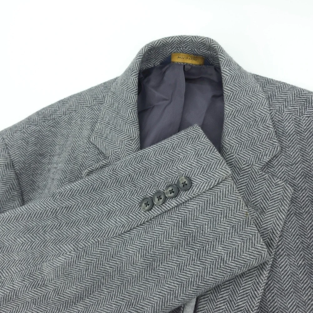 Brooks Brothers Mens Blazer Wool Cotton Herringbone Grey 46R Regent Fit Emmetex